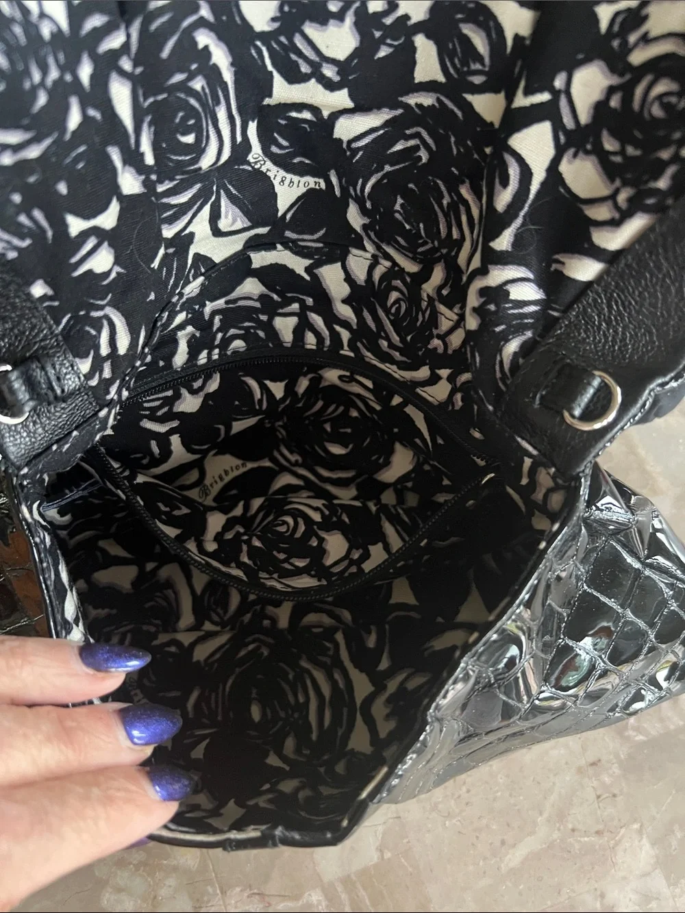 Brighton Black Croc-Embossed Patent Clutch/Crossbody with Silver Accents - Picture 7 of 8